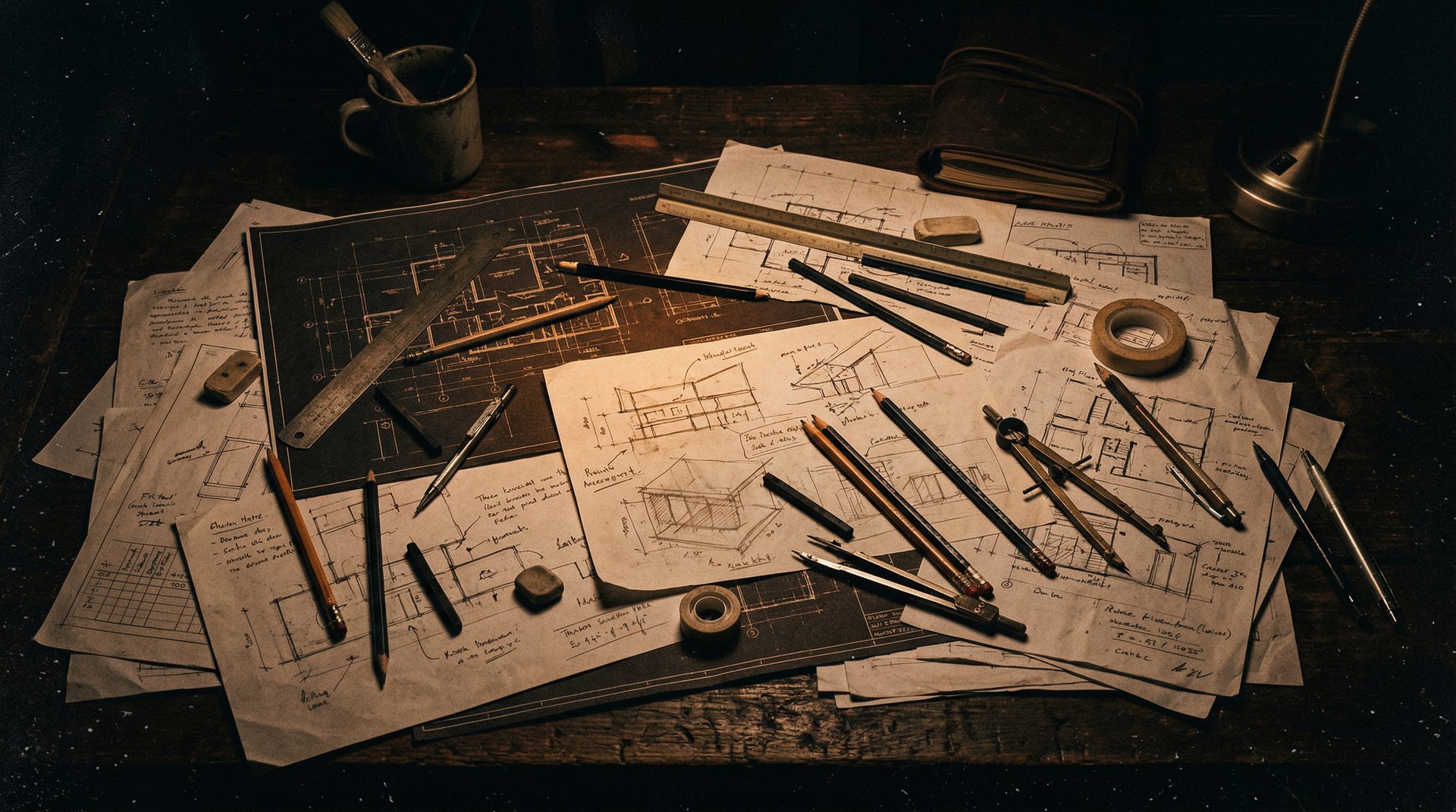 Scattered architectural blueprints and drawing tools on a dark desk