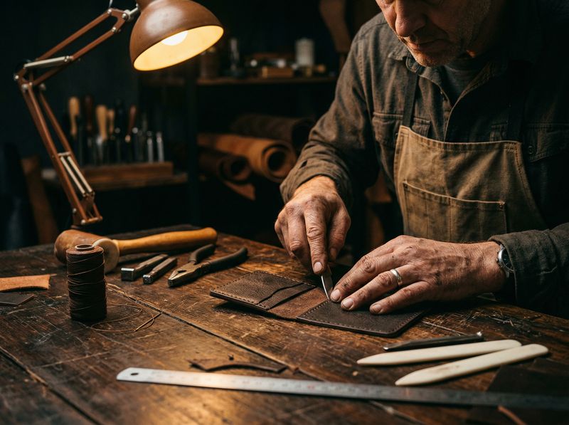 Craftsman's hands working on leather