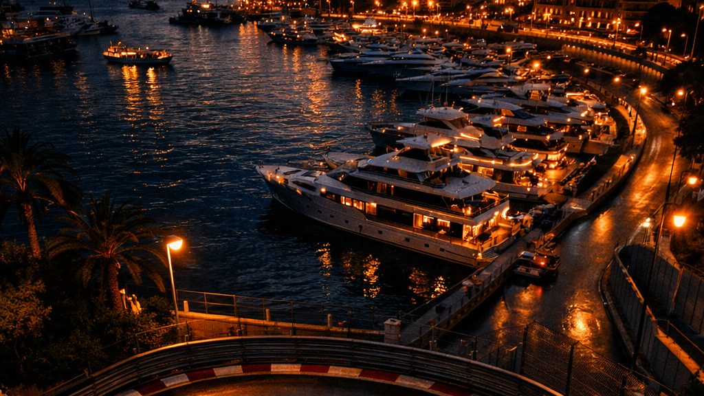 Formula 1 car navigating the Monaco harbour hairpin at twilight