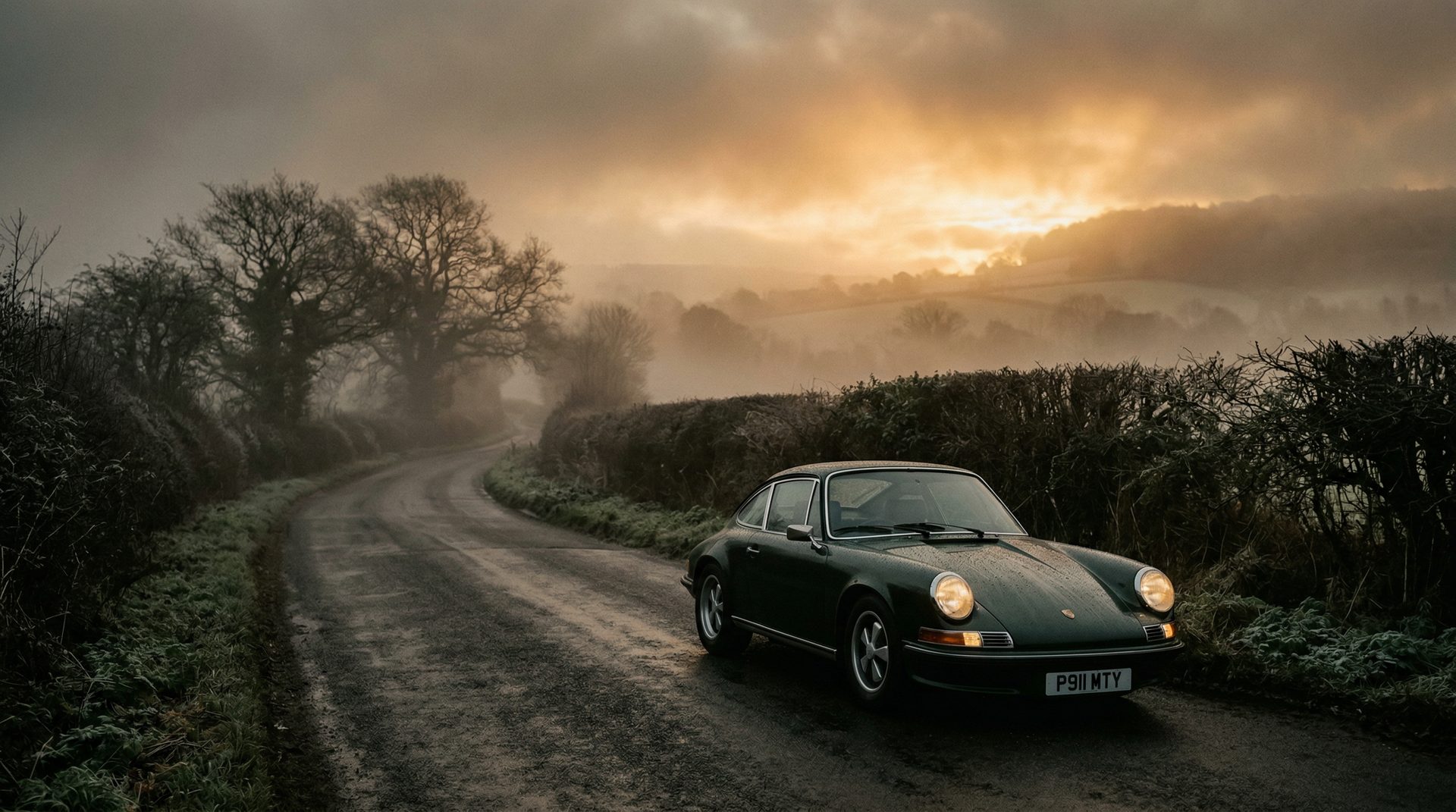 Classic Porsche 911 on a misty countryside road